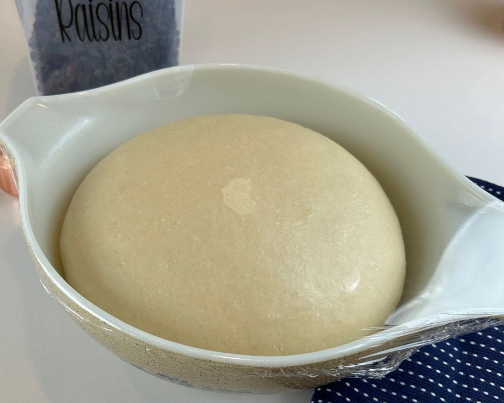 Risen dough in plastic wrapped covered bowl. 