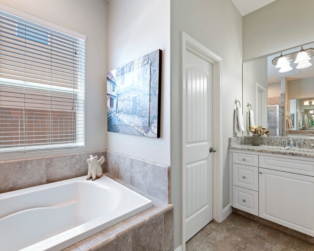 Master bath with tub, and sink vanity.